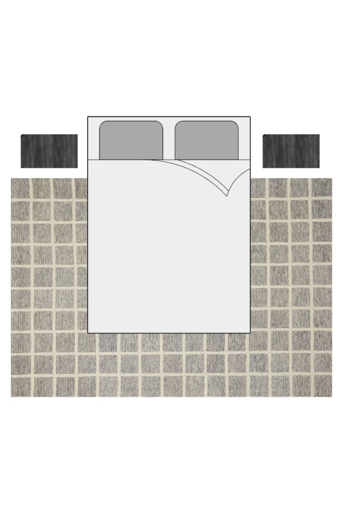Bedroom layout showing proper area rug size extending around a bed and nightstands