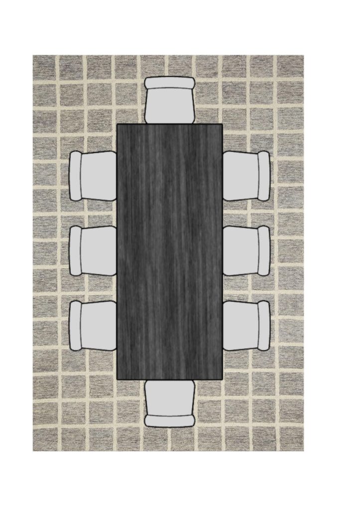 Dining table layout showing correct area rug size with chairs fully on the rug
