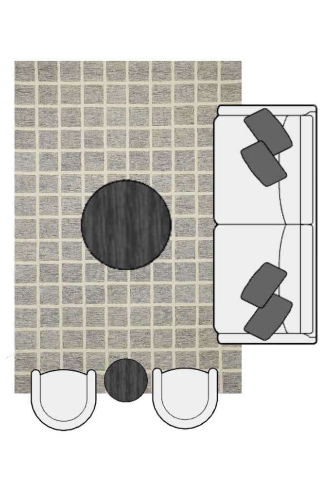 Living room furniture layout showing proper area rug size placement under sofa and chairs