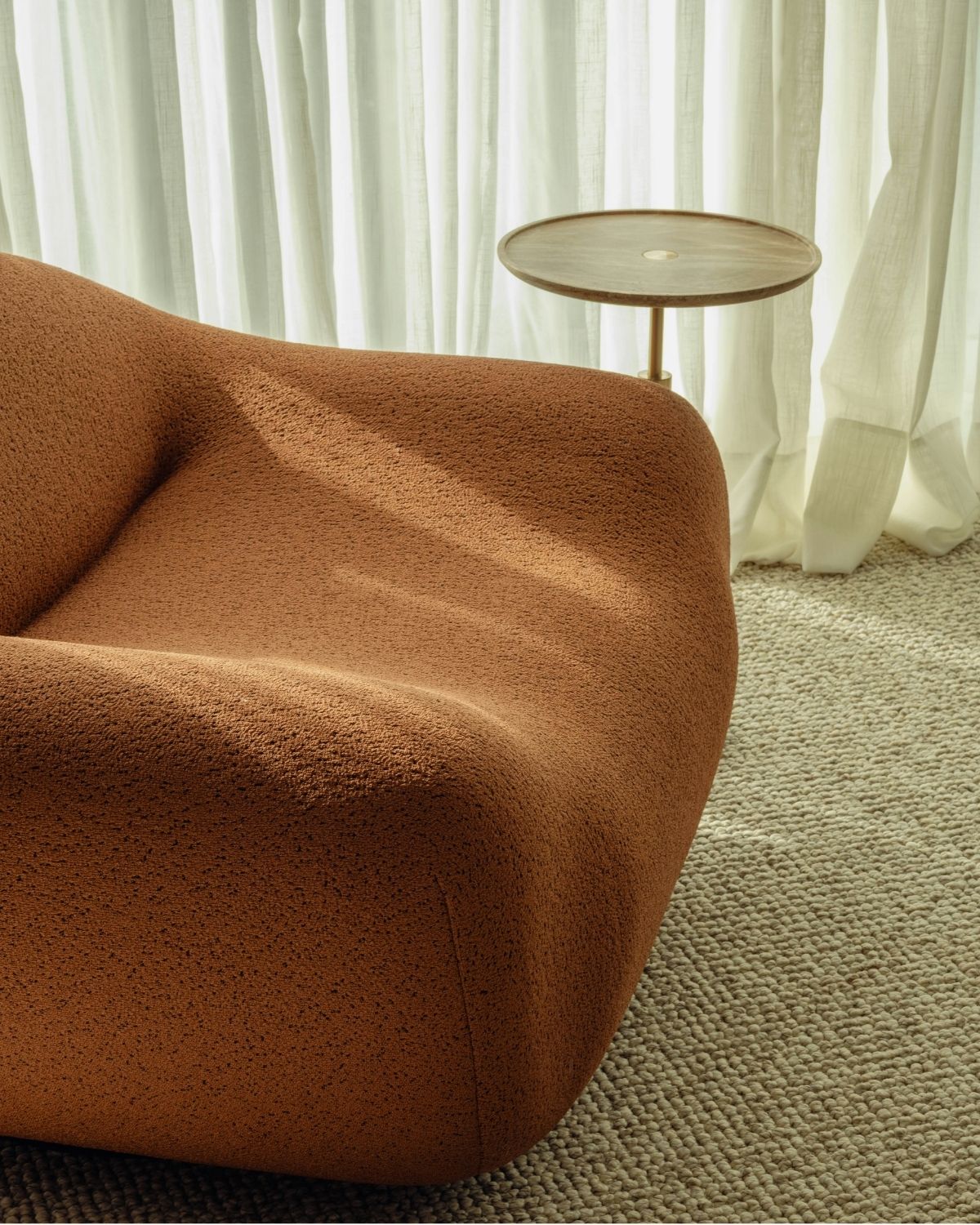 Neutral woven area rug anchoring a living room seating area with a curved sofa and side table