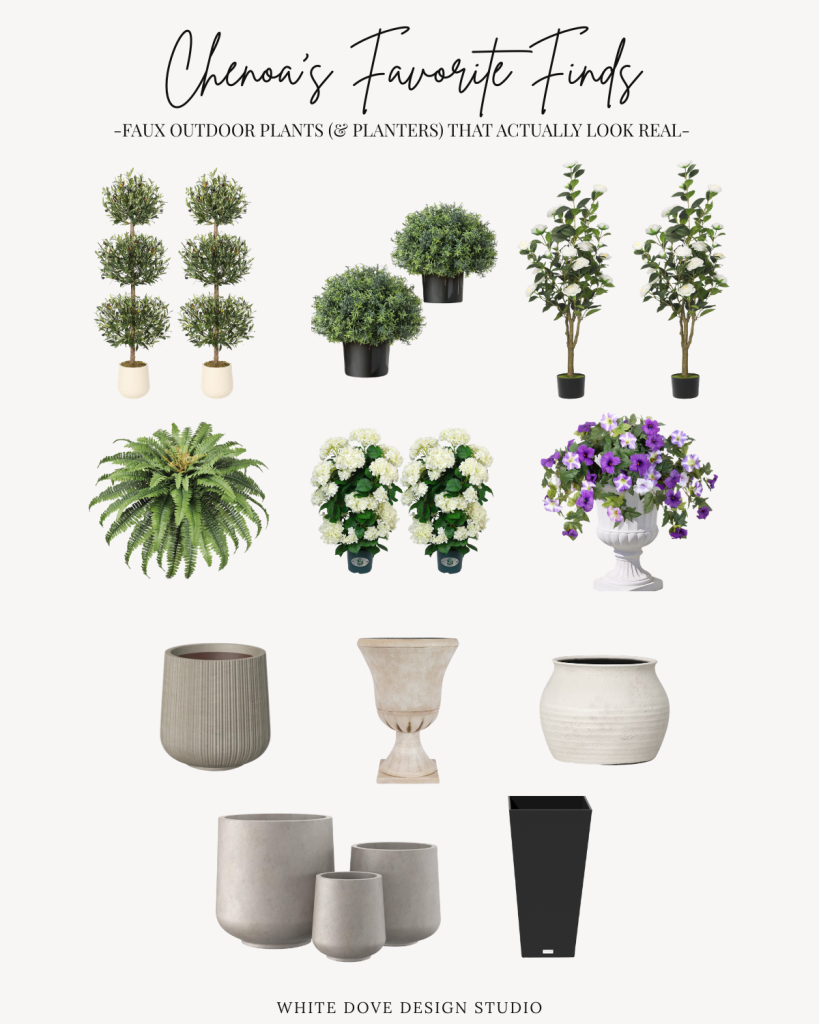 Faux outdoor plants and planters that look real including olive trees, hydrangeas, ferns, and modern planters