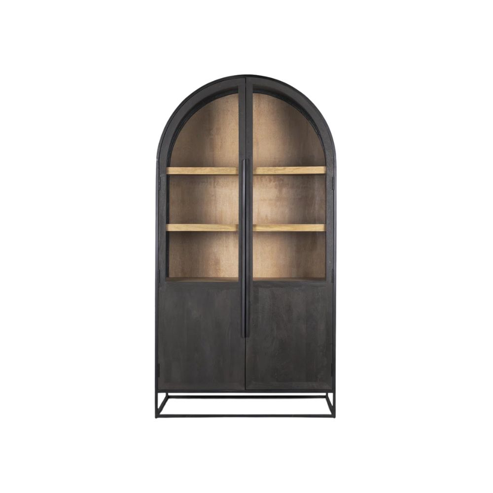 Black arched display cabinet with glass doors and warm interior shelving