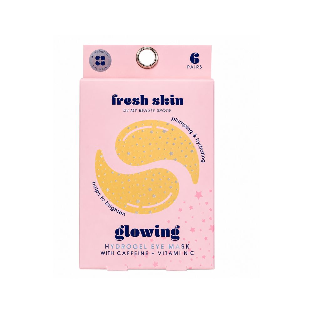 Fresh Skin glowing hydrogel eye mask packaging in pink with brightening and hydrating ingredients.