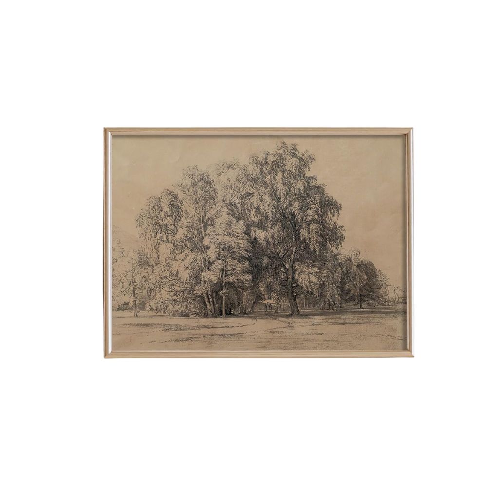 Neutral vintage-inspired landscape wall art print in a light wood frame