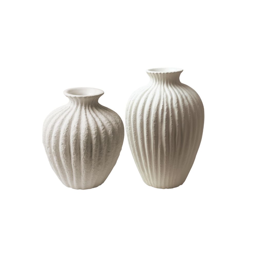 Neutral textured ceramic vase set with organic ribbed detailing