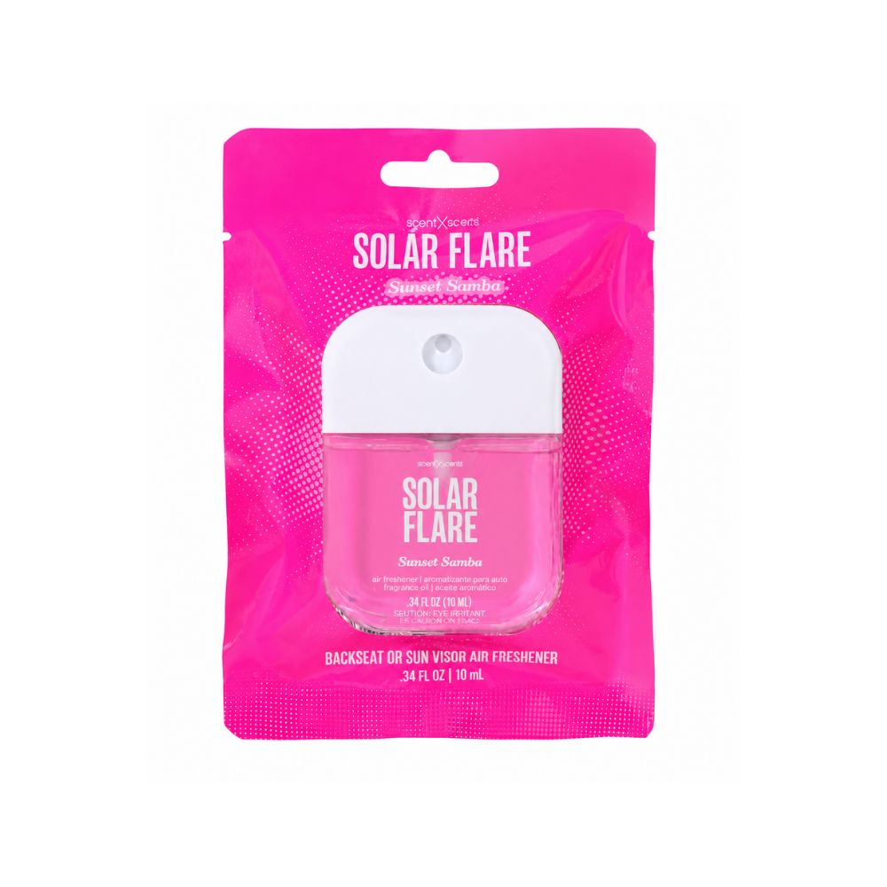 Bright pink Solar Flare hand sanitizer in the Sunset Sorbet scent displayed as part of a feminine bloom basket gift arrangement.