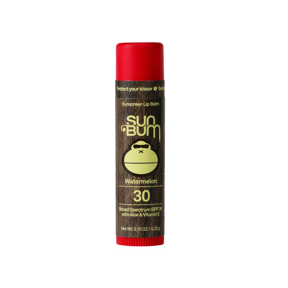 Sun Bum watermelon SPF 30 sunscreen lip balm tube with red cap on a white background.
