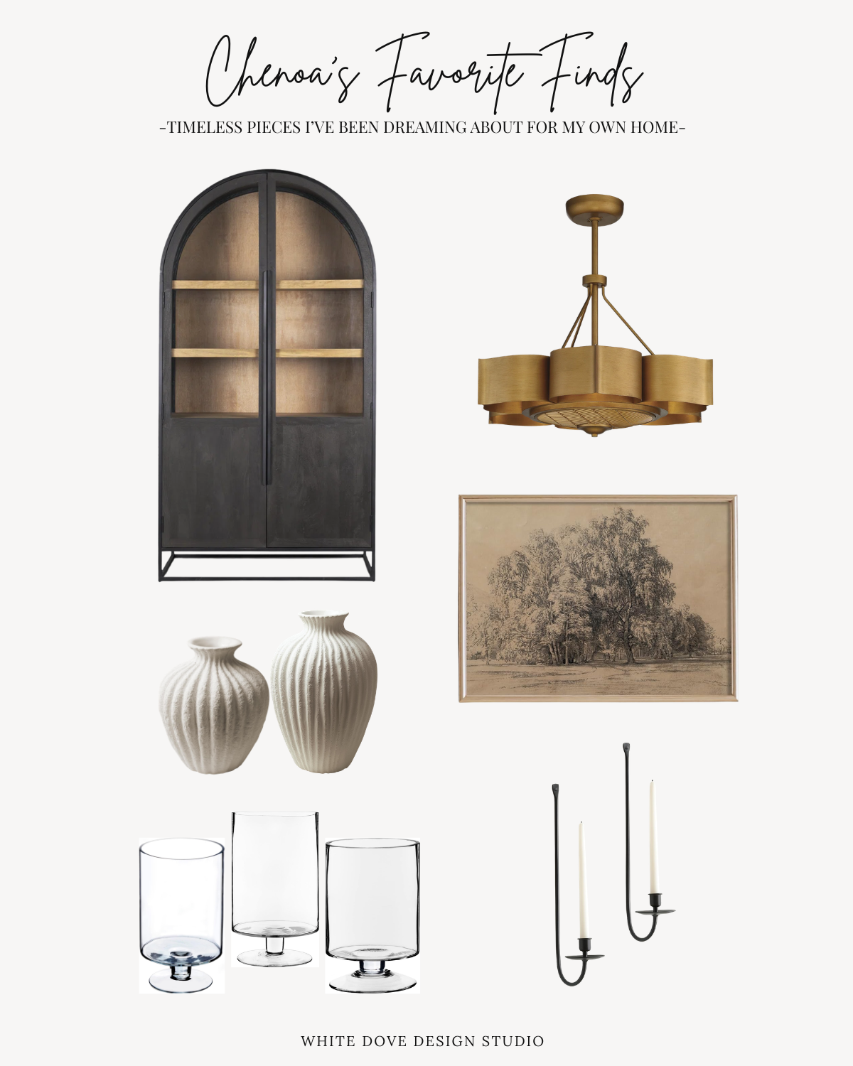 Collage of timeless home decor pieces including an arched cabinet, brass fandelier, neutral wall art, ceramic vases, glass candle holders, and black candle sconces