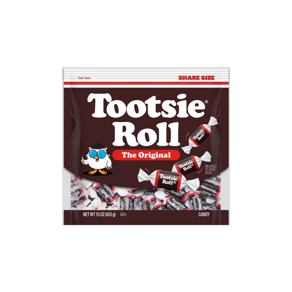 Bag of original Tootsie Roll chocolate candy included in a DIY bloom basket gift idea.