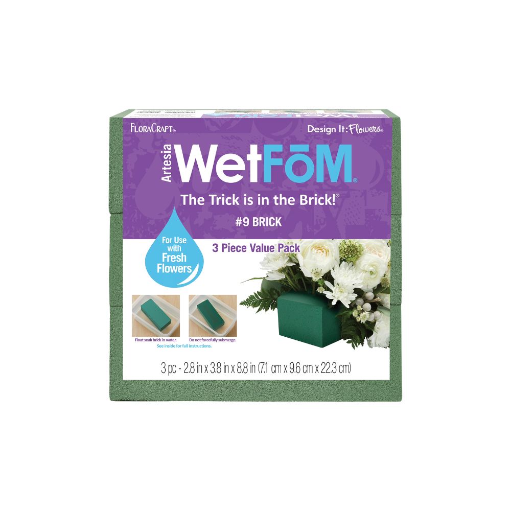 WetFoM floral foam brick for arranging fresh flowers in gift baskets and floral centerpieces.