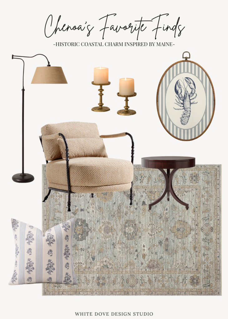 Collection of historic coastal decor finds inspired by Maine, including a vintage-inspired rug, accent chair, floor lamp, brass candlesticks, coastal artwork, wood side table, and patterned throw pillow.