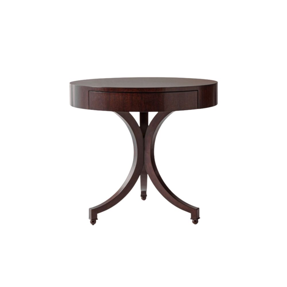 Round wood side table with a timeless design that adds warmth and character to a living space.