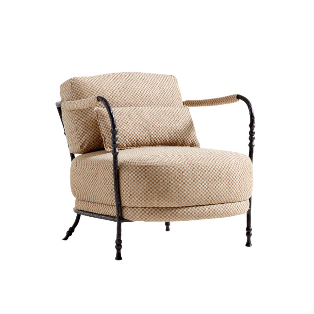 Textured neutral accent chair with a classic silhouette and dark metal frame.