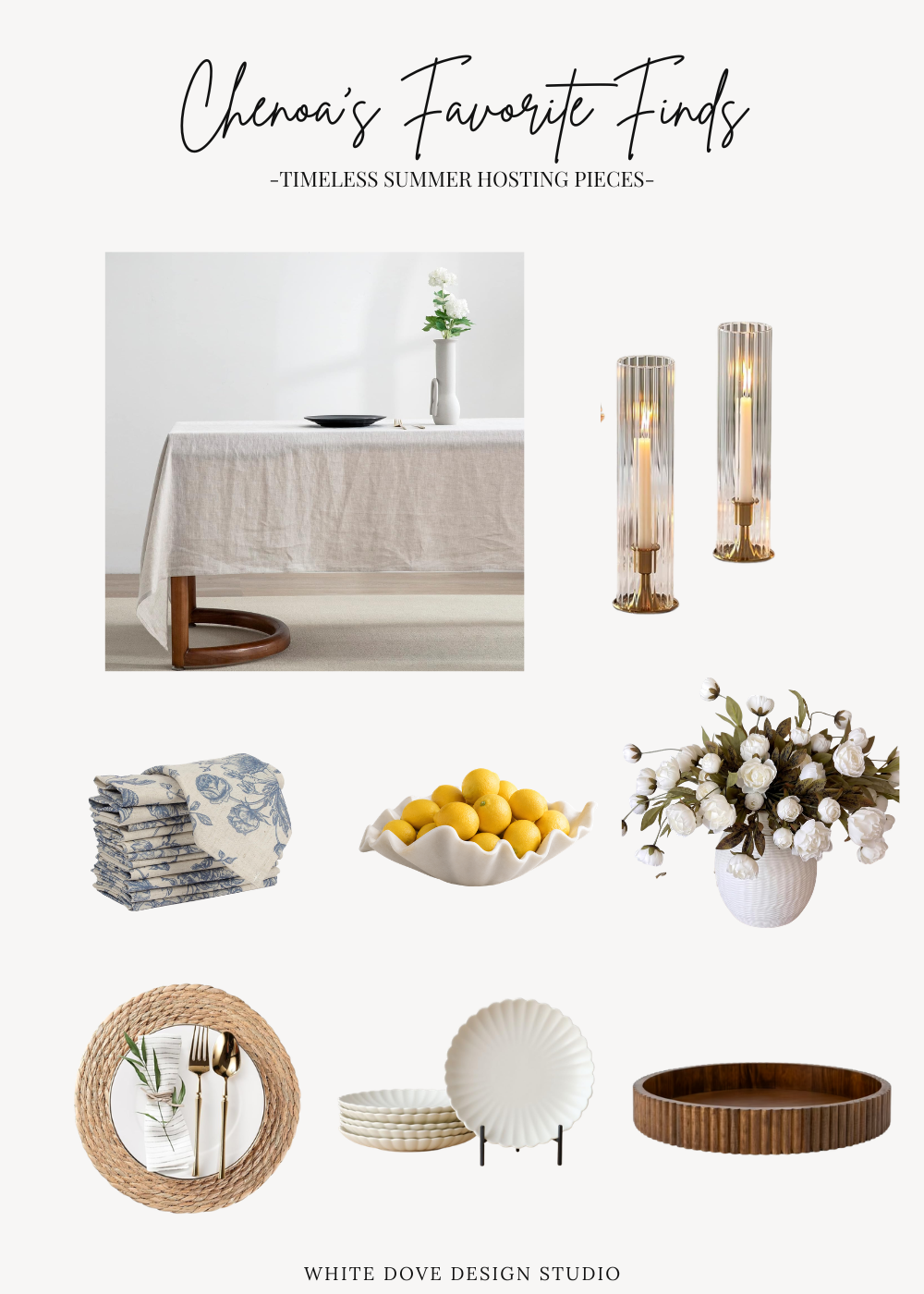 Timeless summer hosting pieces including a linen tablecloth, decorative bowl, candles, woven placemats, dinnerware, faux flowers, and serving tray.