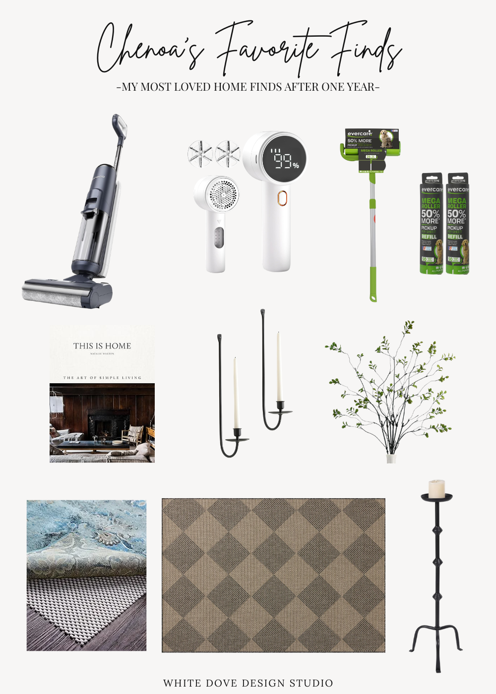 A collection of favorite home finds including home décor, cleaning products, faux stems, rugs, and styling accessories recommended by White Dove Design Studio.