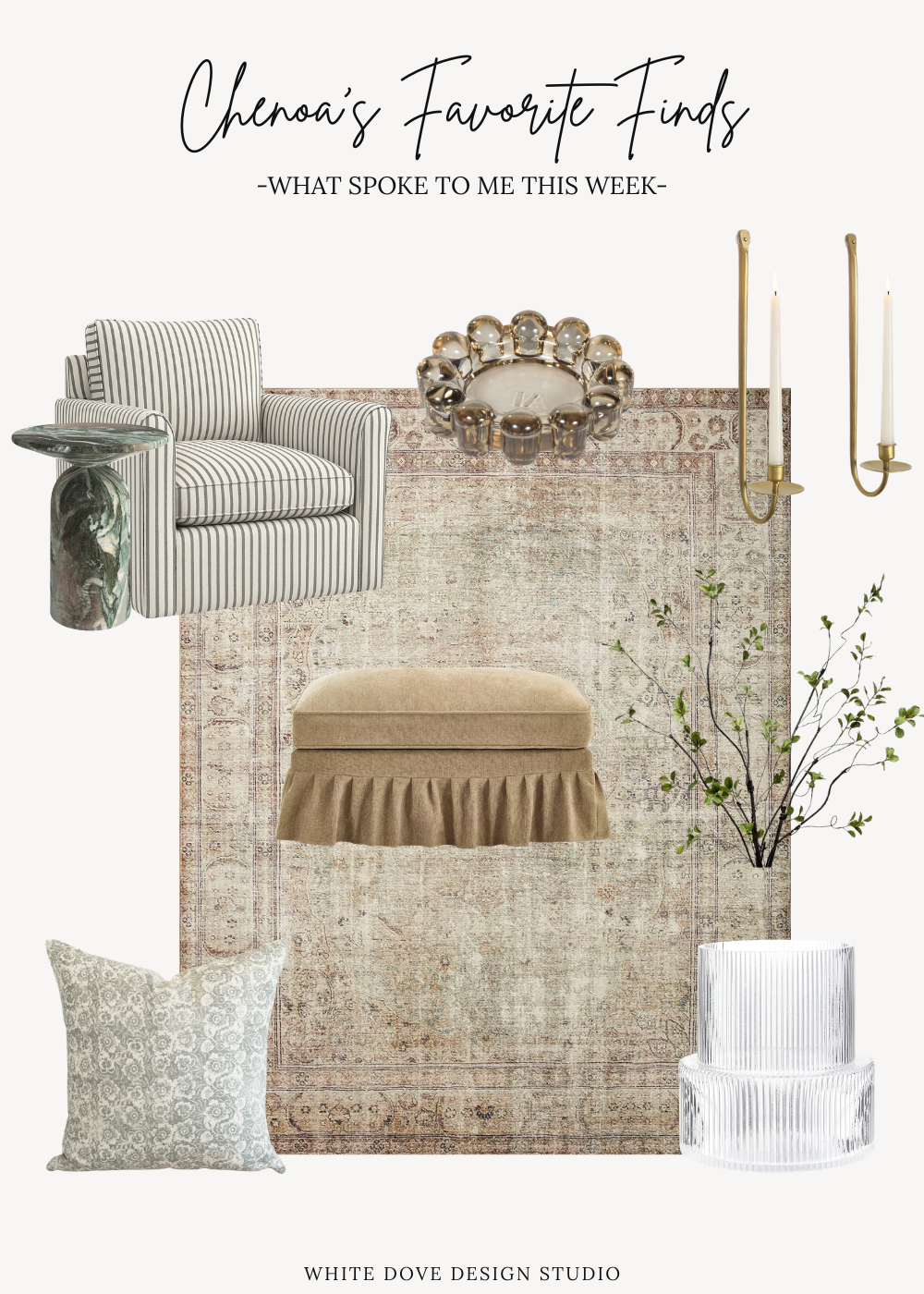 Collage of timeless home decor favorite finds featuring a vintage-inspired area rug, striped accent chair, upholstered ottoman, marble side table, decorative mirror, brass candlesticks, textured pillow, white glass candle holders, and faux olive branches.