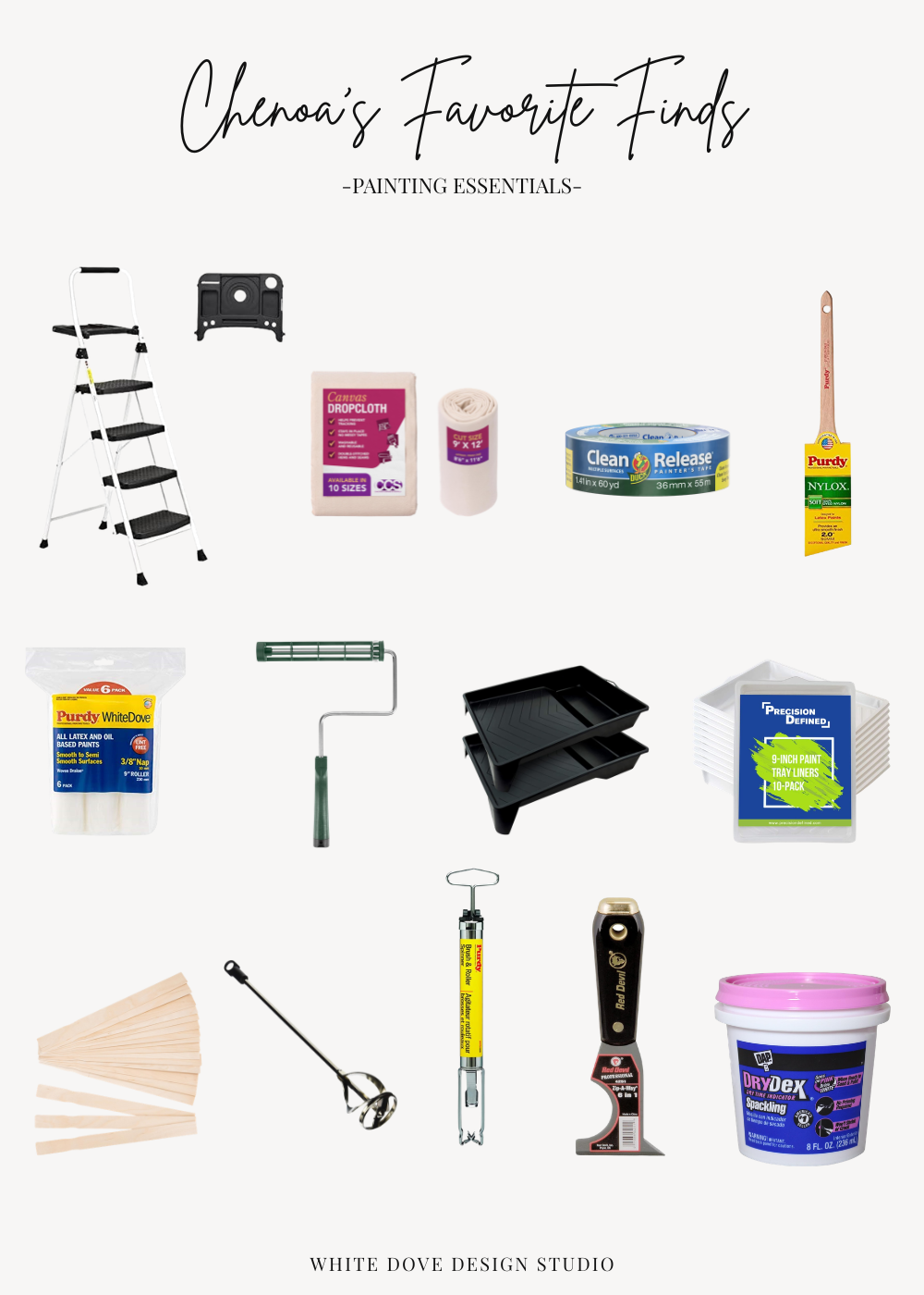 Essential painting tools for DIY home projects including brushes, rollers, painter's tape, drop cloths, and painting prep supplies