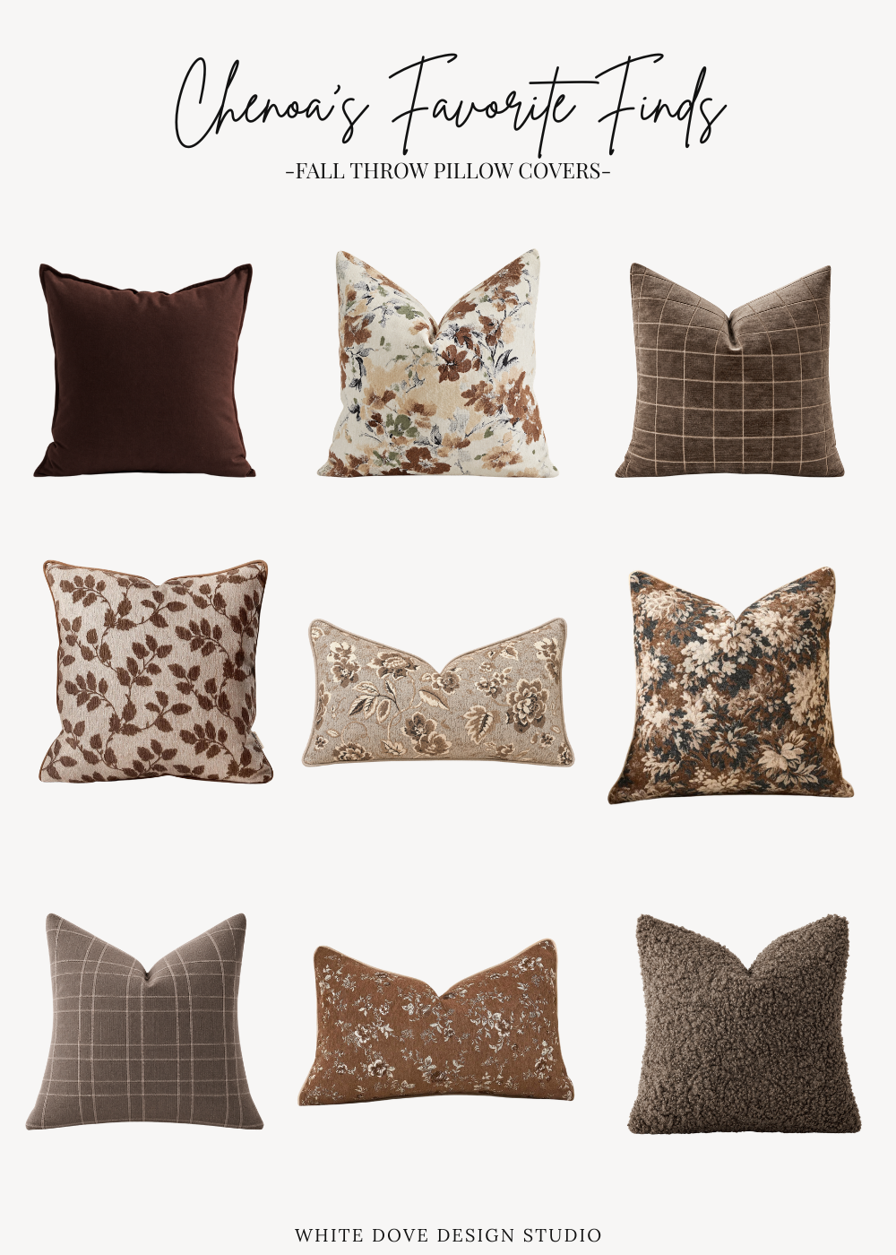 Chenoa's Favorite Finds featuring fall throw pillow covers in warm brown, floral, plaid, and textured styles