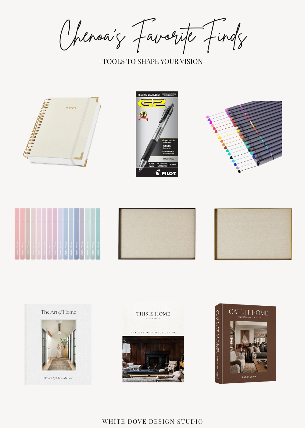 Favorite home design inspiration tools including a notebook, pens, highlighters, linen pinboards, and interior design coffee table books
