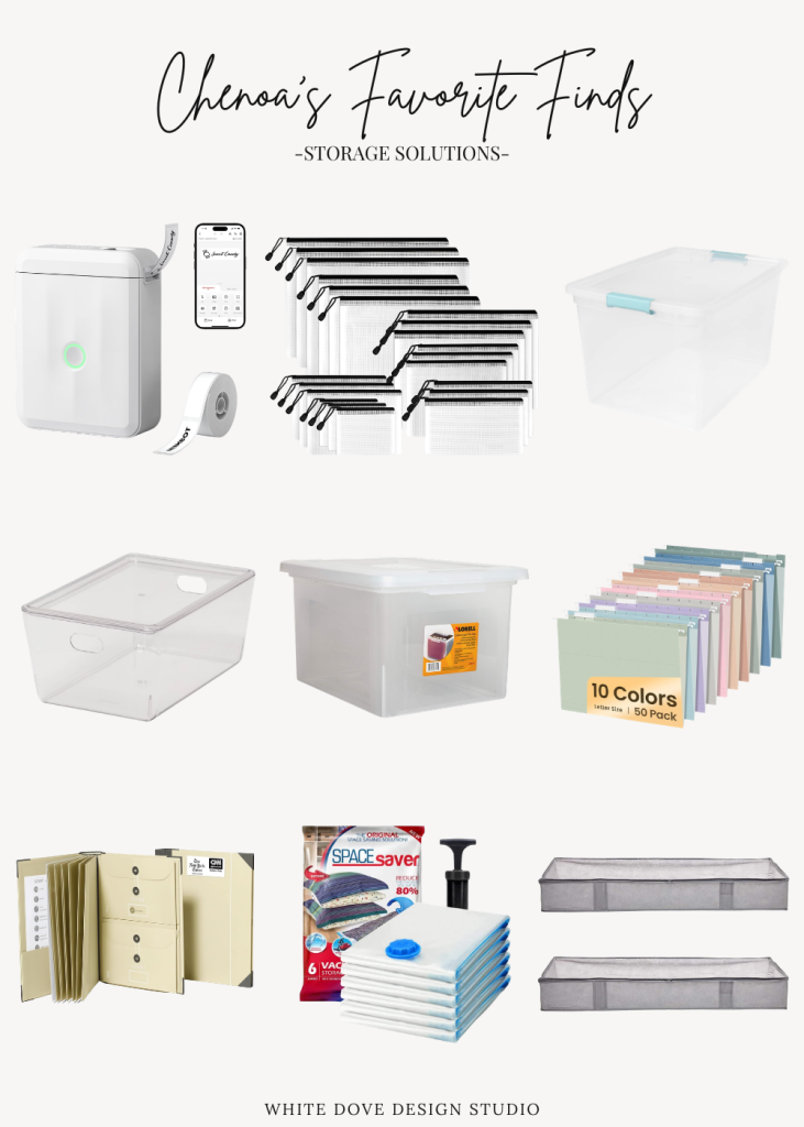 Collage of home organization storage solutions including vacuum storage bags, clear storage bins, file organizers, under-bed storage, and a label maker.