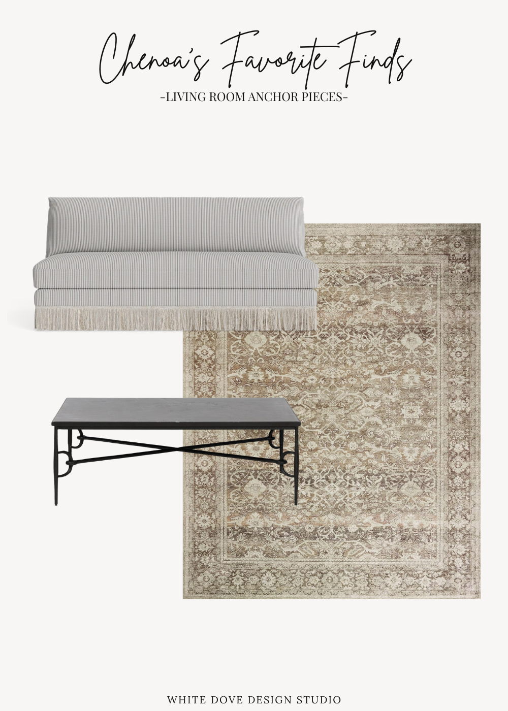 Living room anchor pieces featuring a striped sofa, vintage-inspired area rug, and black coffee table.