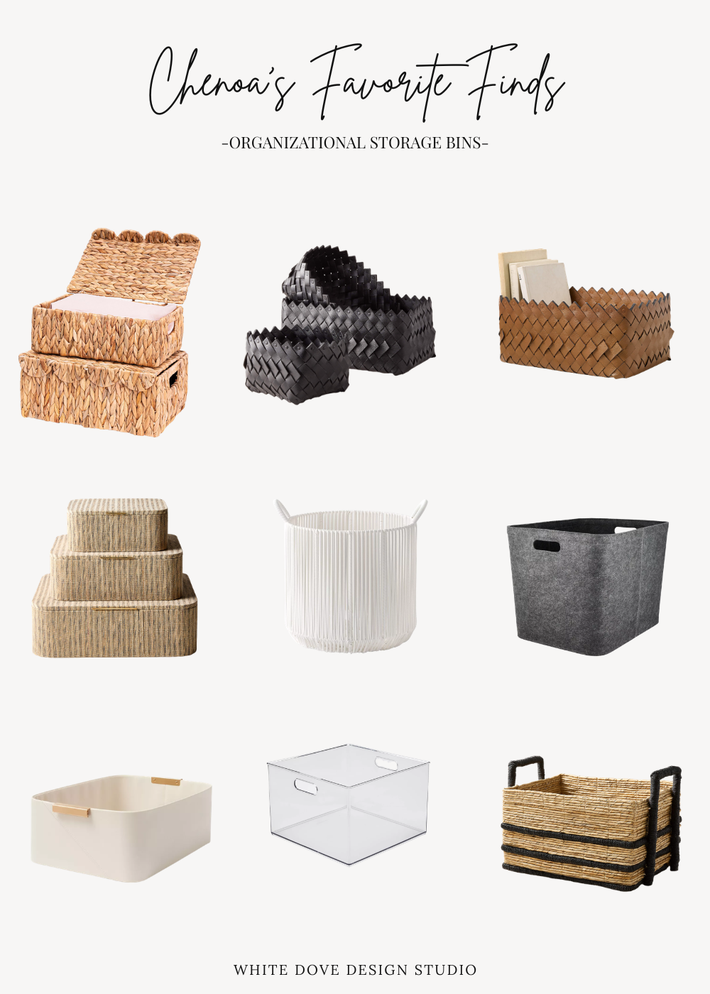 Collage of stylish organizational storage bins, baskets, and containers for organizing every room in the home.
