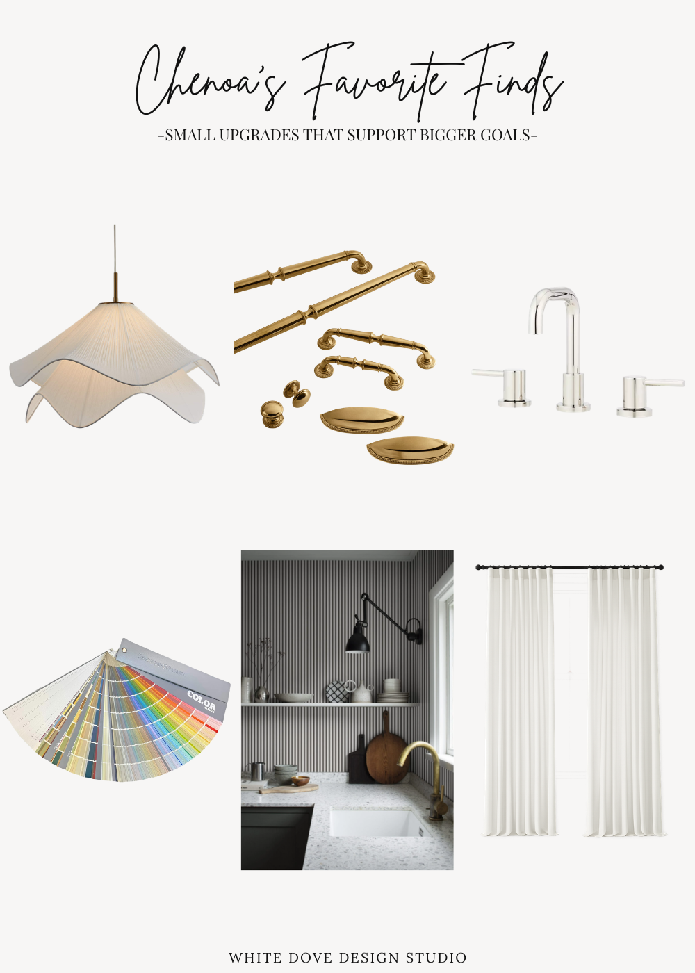 Designer favorite small home upgrades including lighting, cabinet hardware, a faucet, paint, wallpaper, and curtains