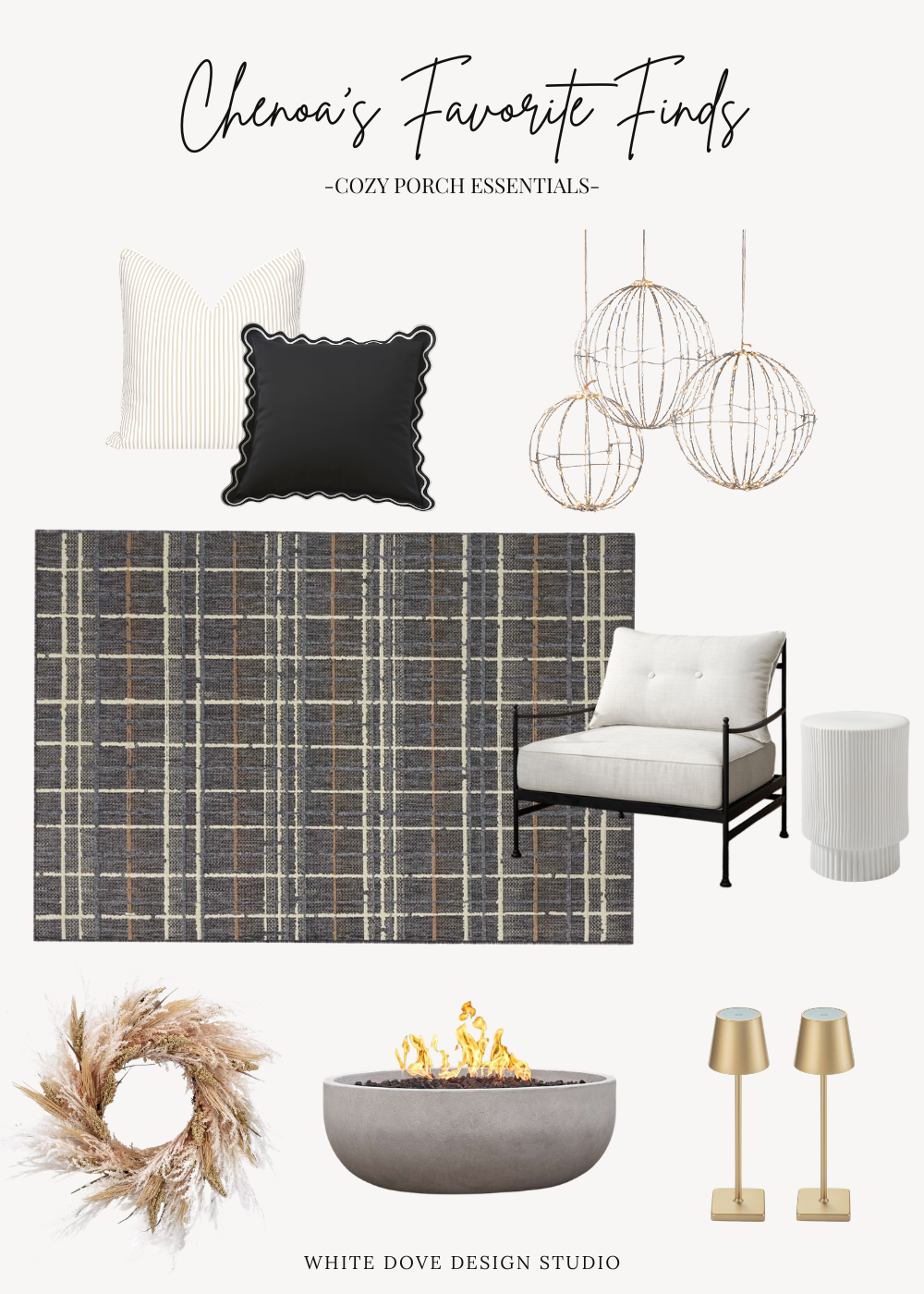Cozy porch ideas with an outdoor rug, lounge chair, throw pillows, fire pit, lighting, wreath, and side table