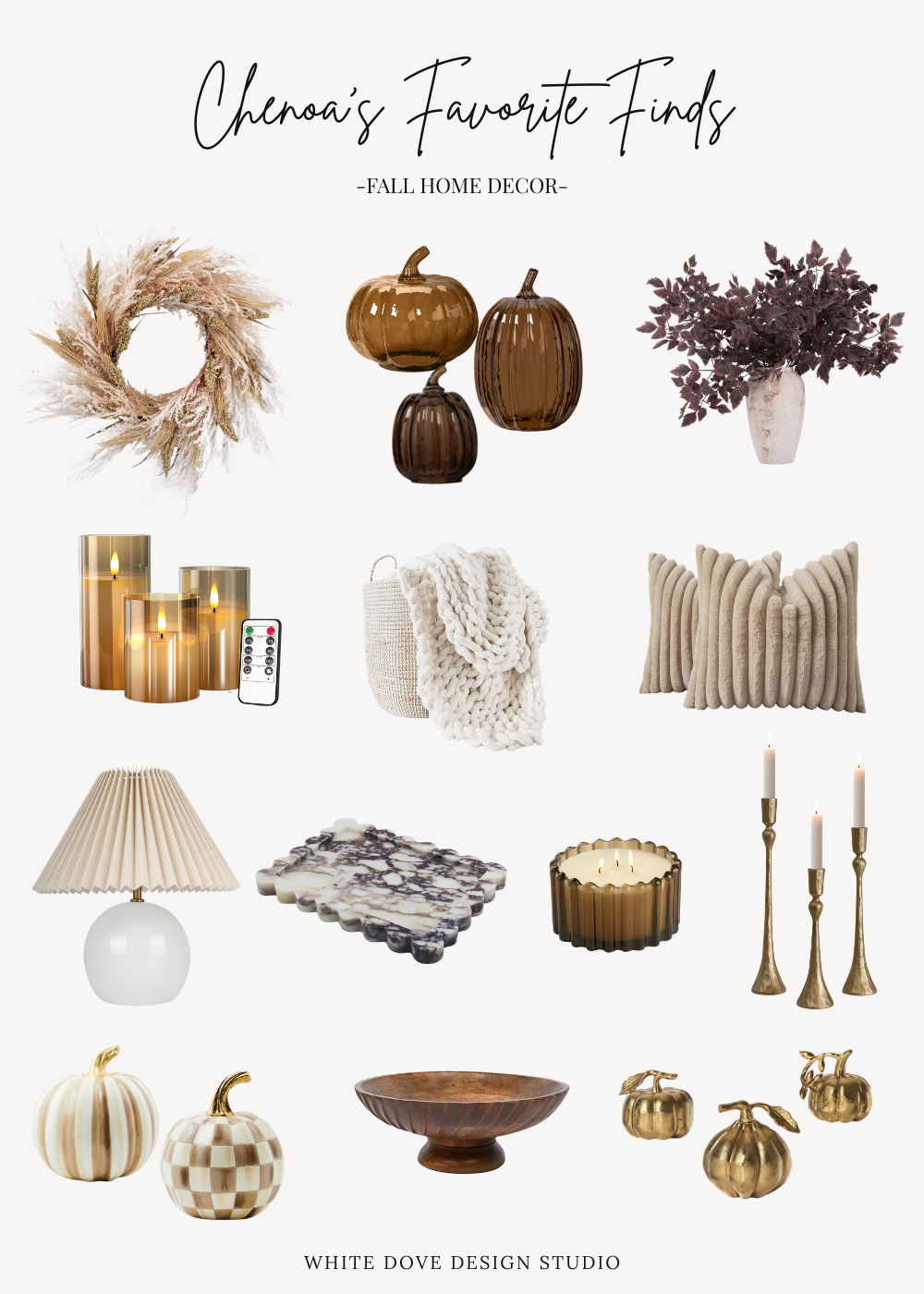 Fall home decor finds featuring pumpkins, burgundy stems, cozy textiles, candles, brass accents, and seasonal decor