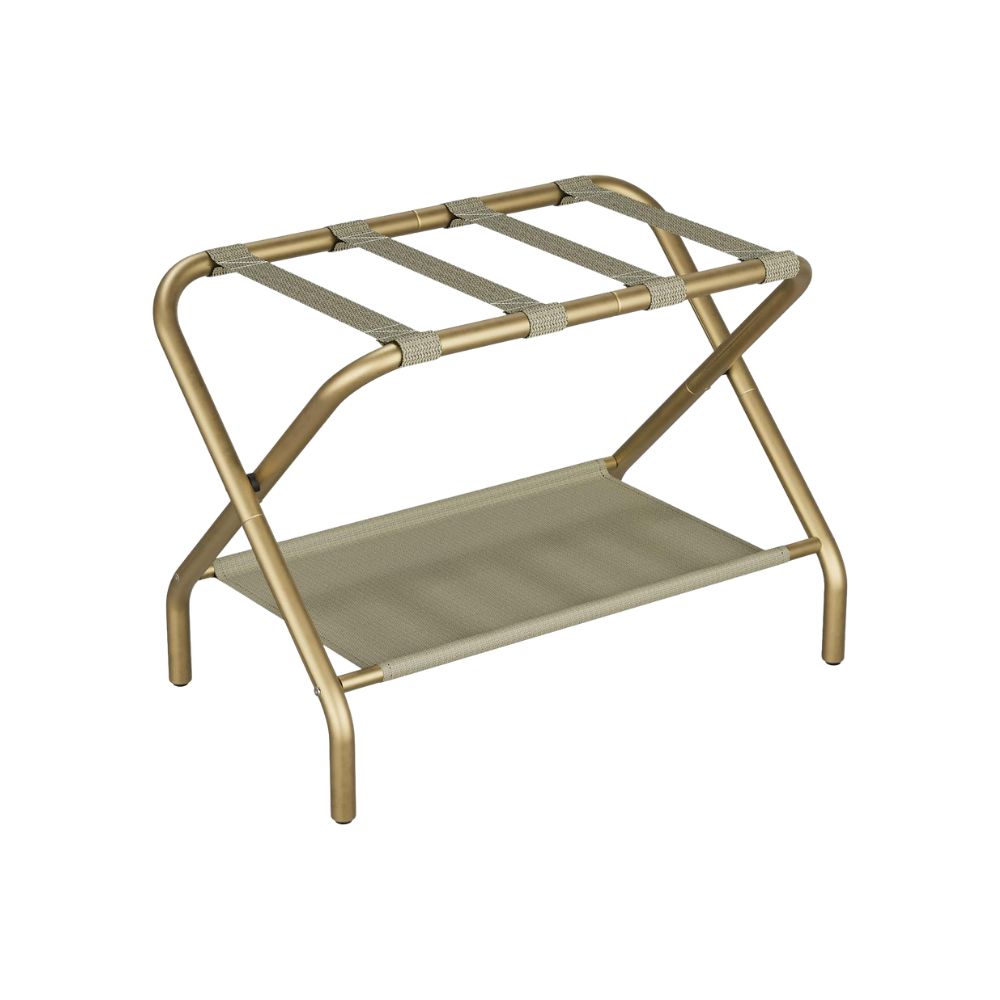 Gold luggage rack for holding a suitcase in a guest bedroom
