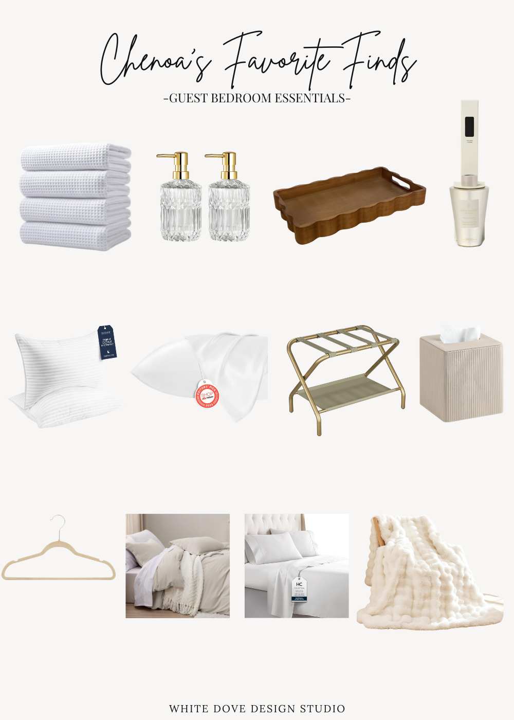 Guest bedroom essentials including towels, bedding, pillows, a luggage rack, tray, hangers, and thoughtful accessories for overnight guests