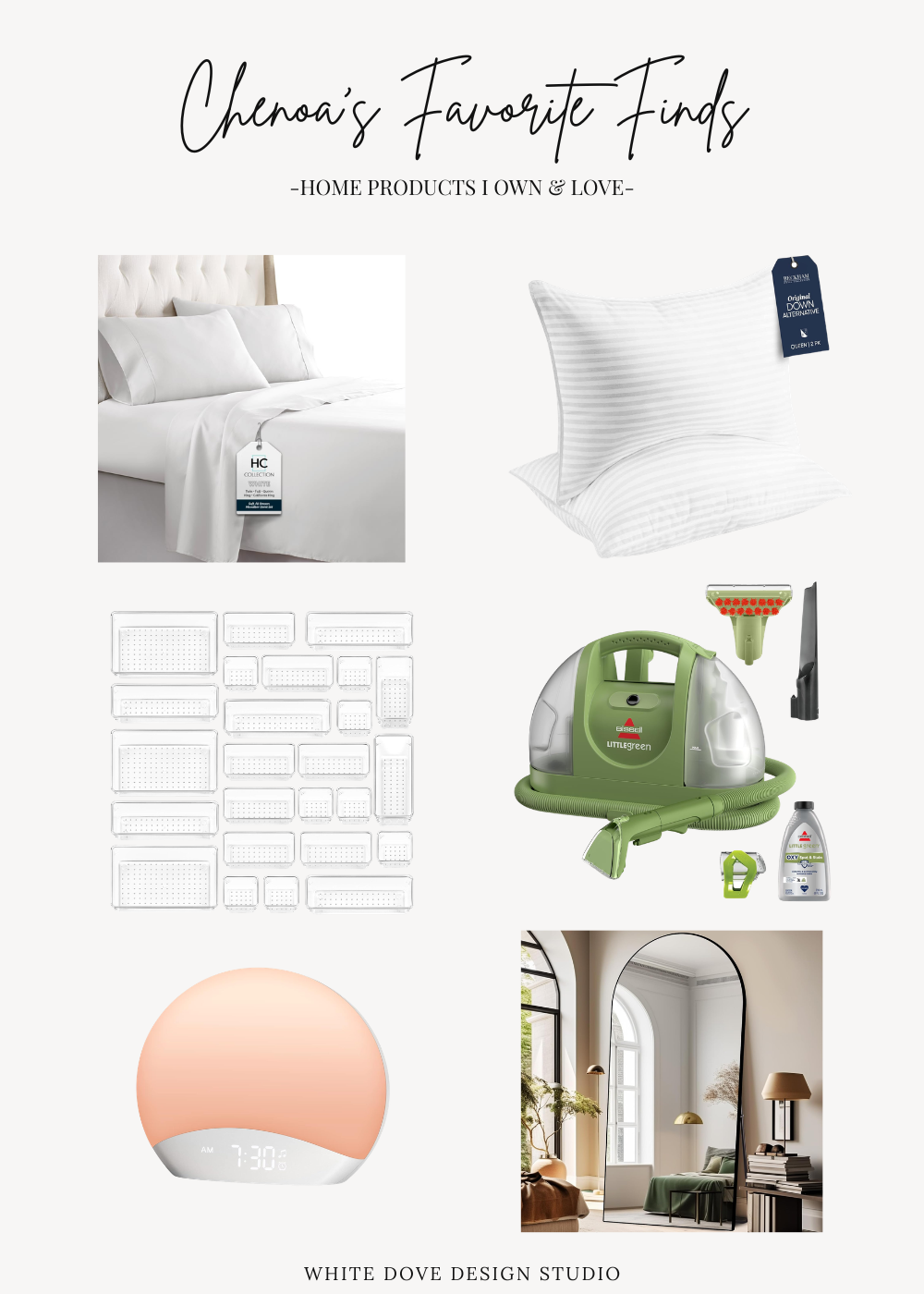 Favorite home products I own and love including sheets, pillows, drawer organizers, a carpet cleaner, sunrise alarm clock, and floor mirror