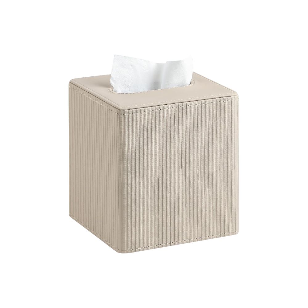 Neutral leather tissue box cover for a guest bedroom or bathroom